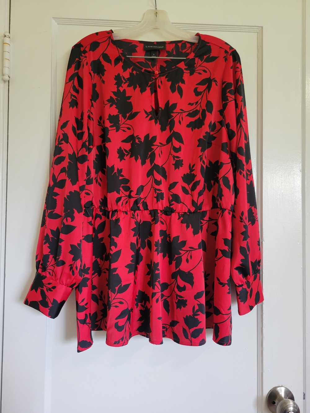Lane Bryant Red And Black Floral Peasant Blouse - Long Sleeve